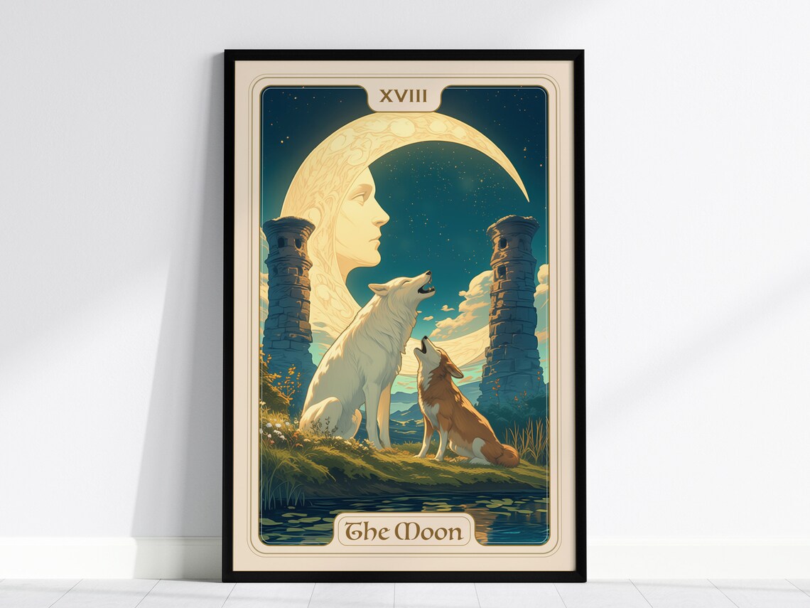 The Moon Tarot Card XVIII Howling Wolves Mystical Art Poster