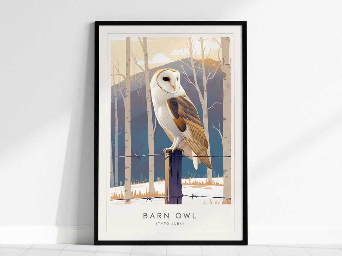 Barn Owl Tyto Alba Perched on Fence Post Birch Woodland Print