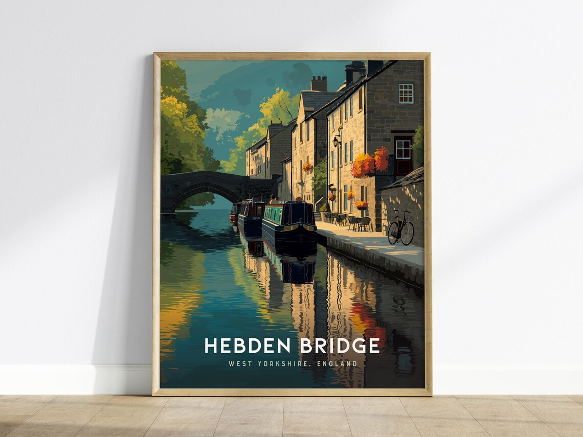 Hebden Bridge West Yorkshire Canal Narrowboats England Travel Poster
