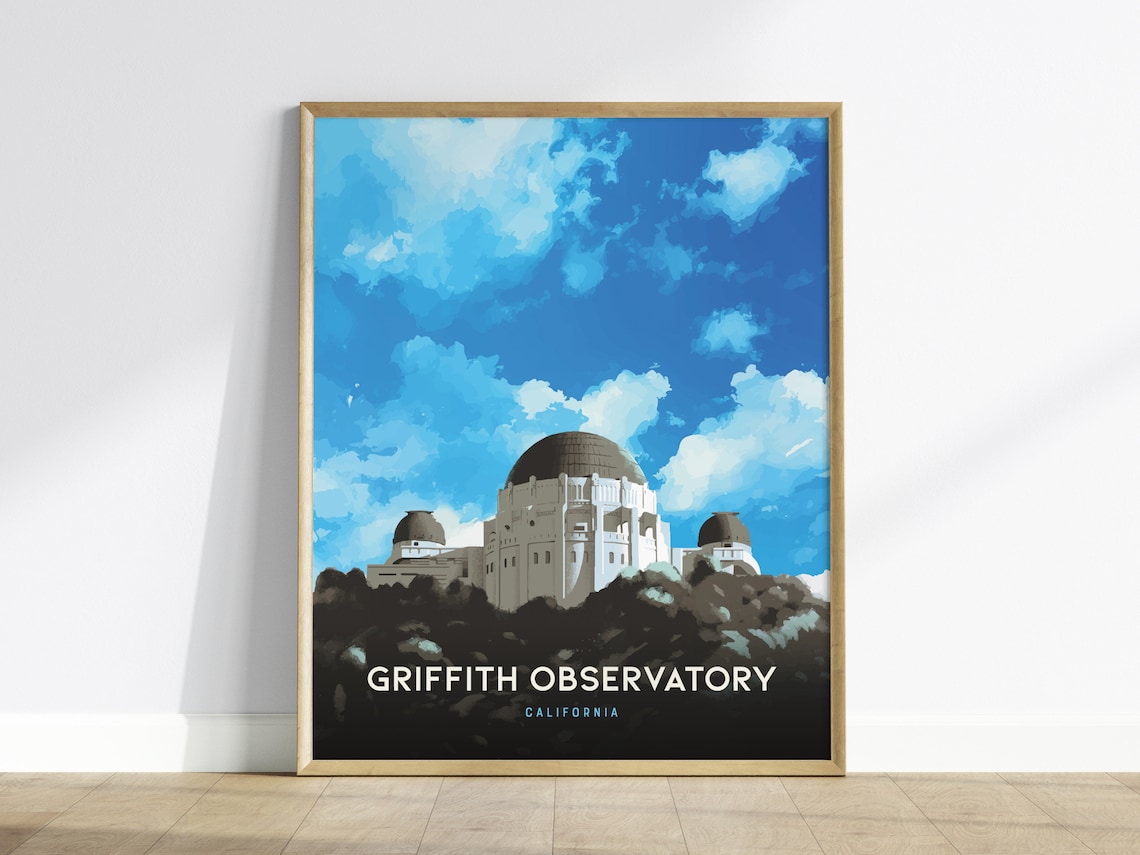 Griffith Observatory California Dome Silhouette Bright Sky Travel Poster