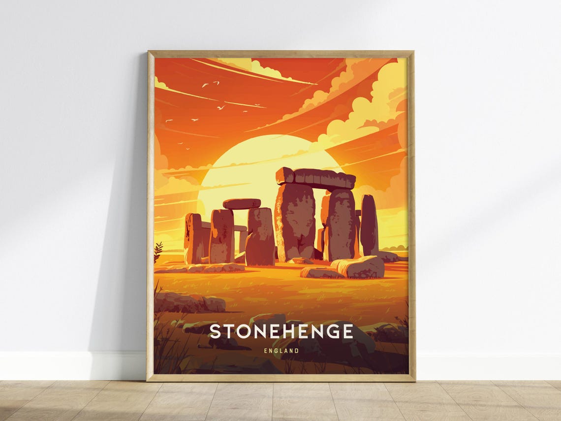 Stonehenge England Ancient Sunset Monoliths Vintage Travel Poster