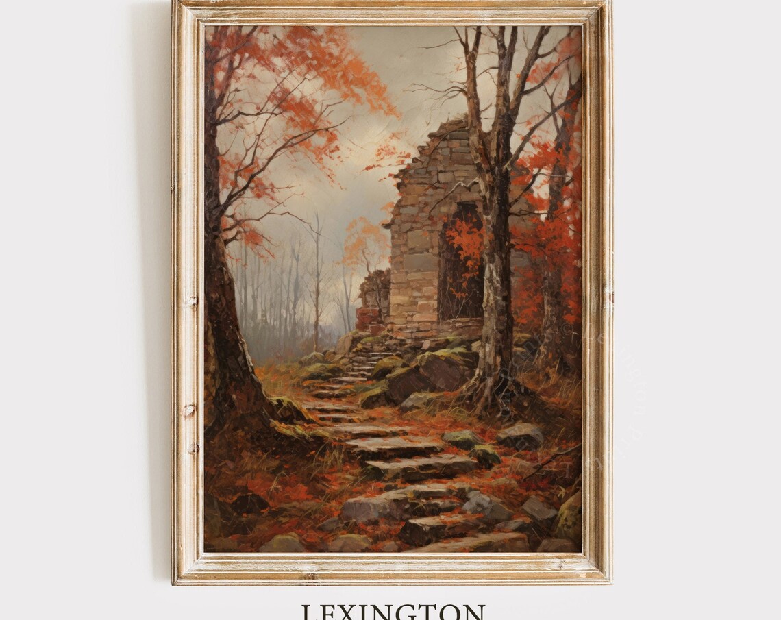 Autumn Stone Ruin Mossy Steps Red Orange Forest Vintage Landscape Poster - Image 8
