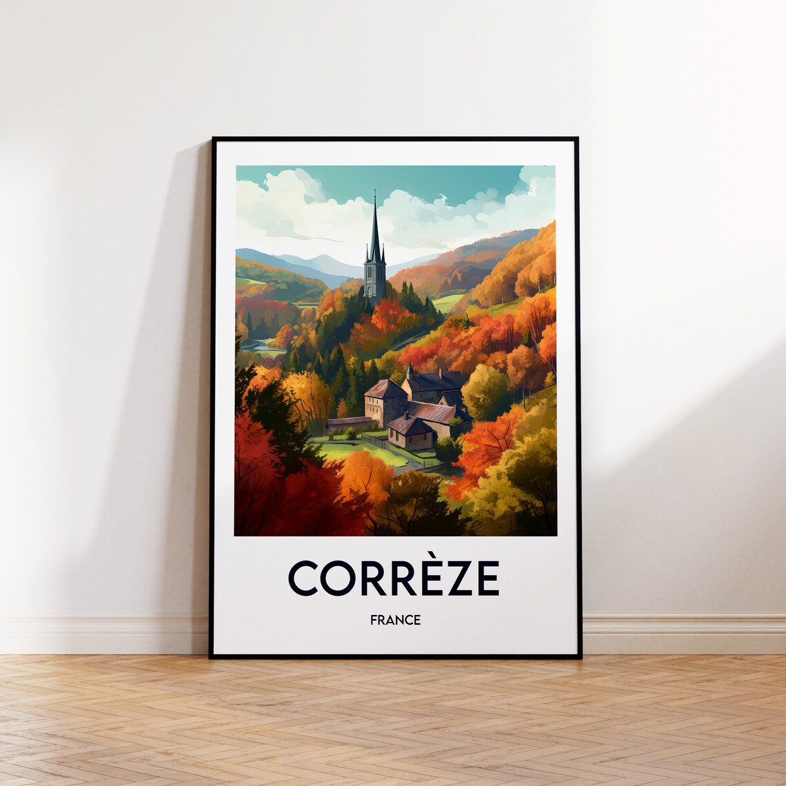 Corrèze France Vintage Travel Poster Autumn Valley Church View