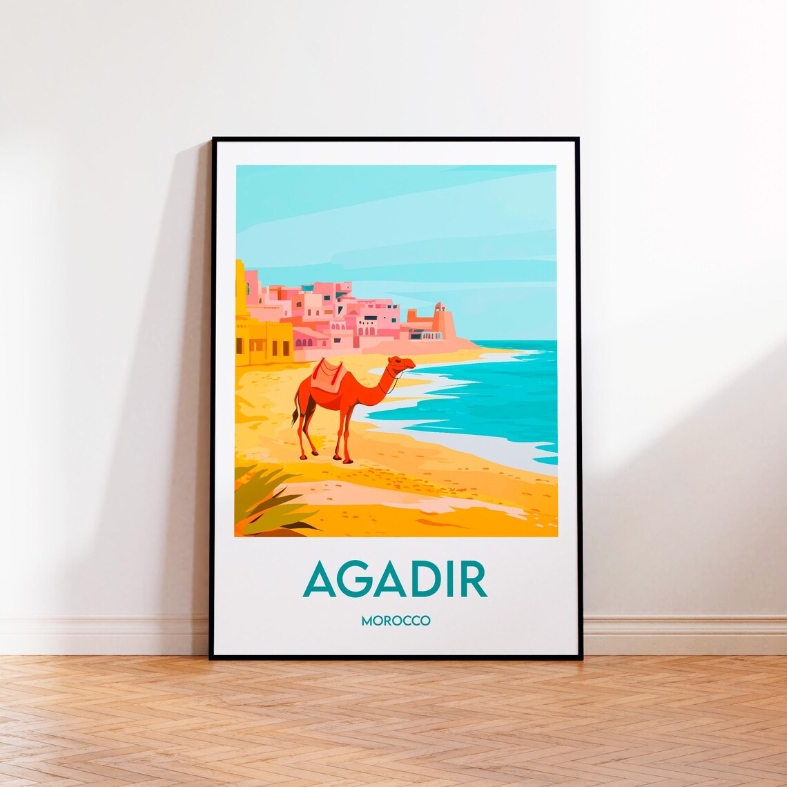 Agadir Morocco Sunny Vintage Travel Poster With Camel Beach Scene