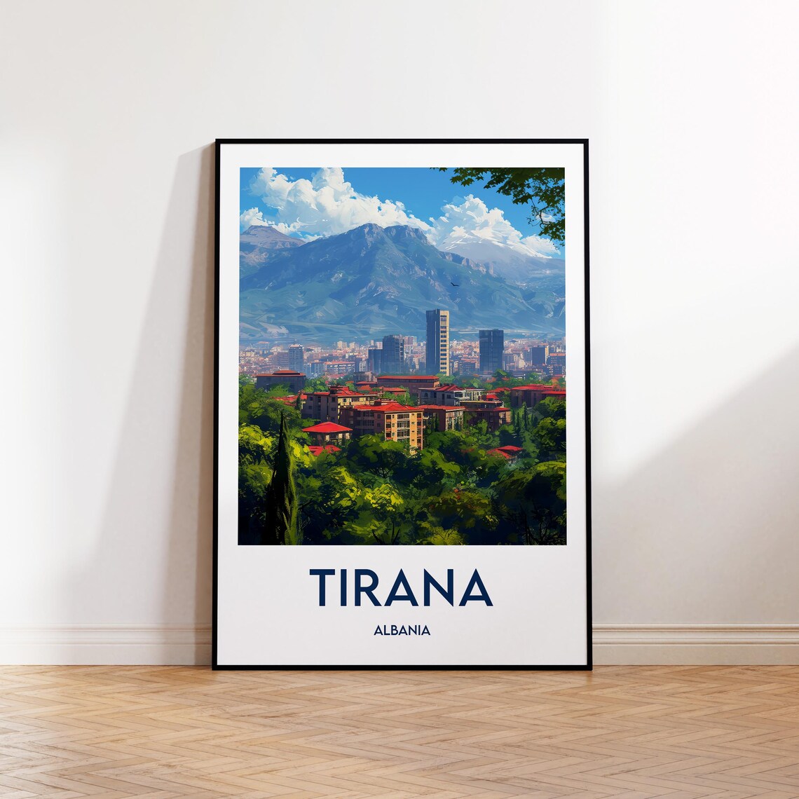 Tirana Albania City Mountain Panorama Vintage Style Travel Poster