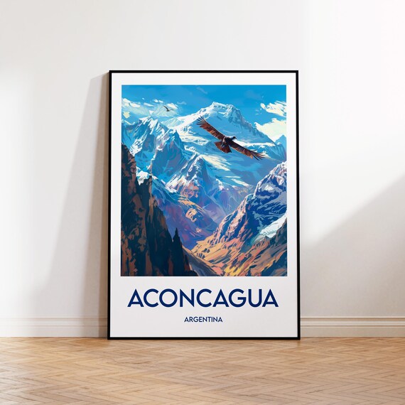 Aconcagua Argentina Vintage Travel Poster Condor Snowy Andes Peaks