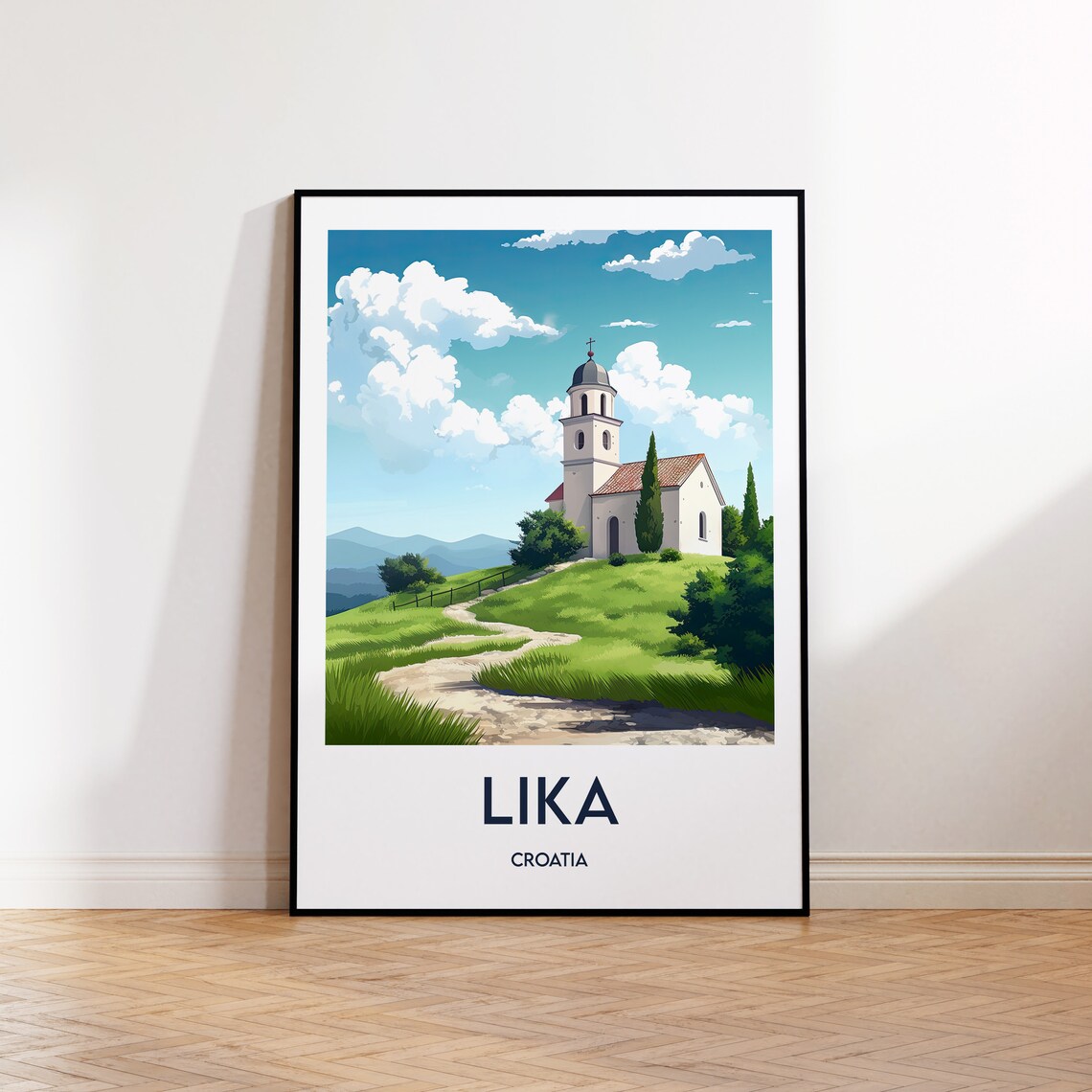 Lika Croatia Hilltop Church Green Hills Landscape Travel Poster