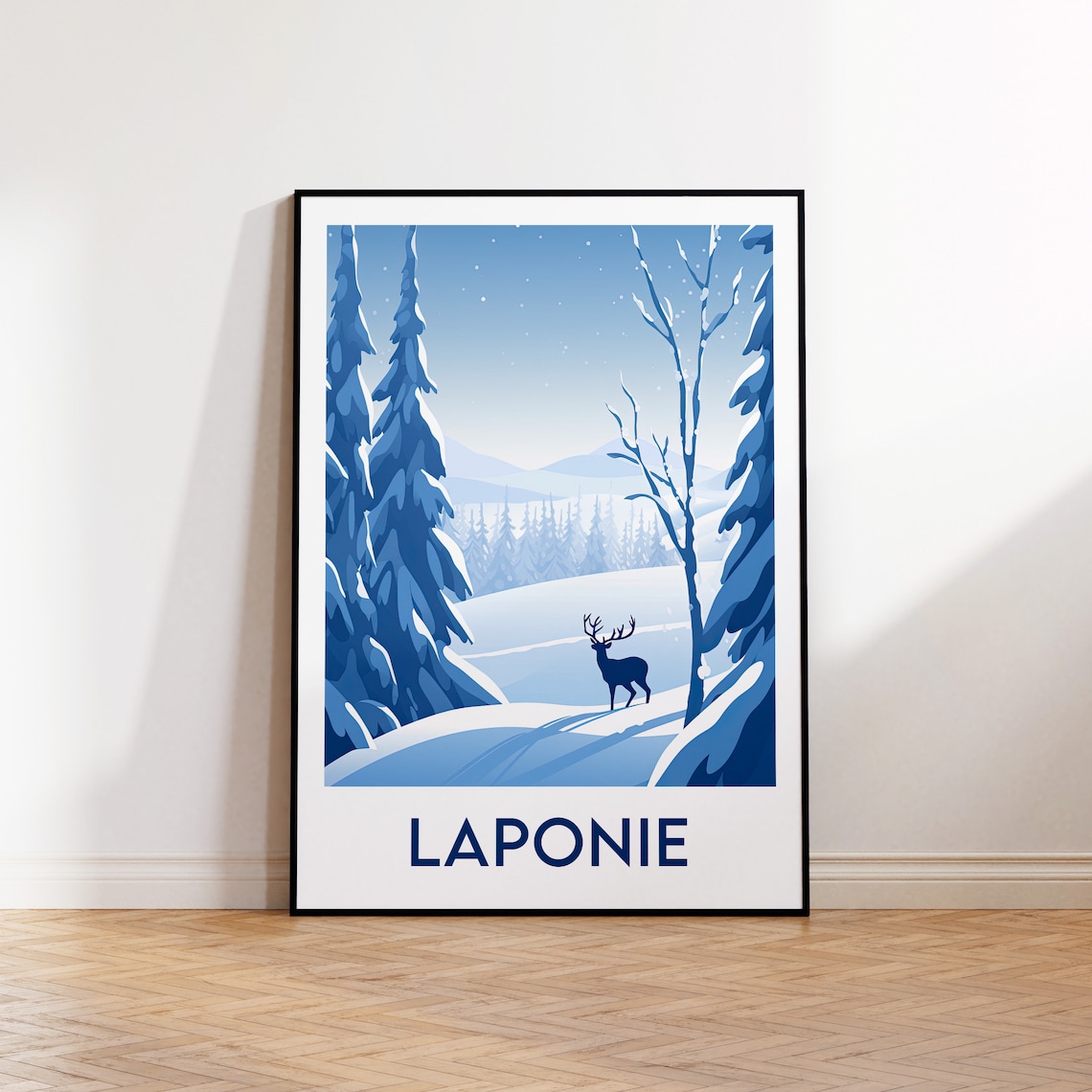 Laponie Lapland Winter Poster with Reindeer in Snowy Blue Forest