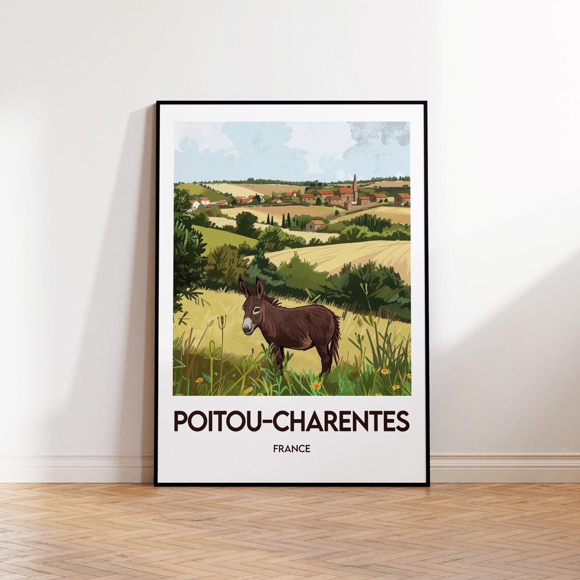 Poitou Charentes France Donkey Wheat Field Village Travel Poster Art