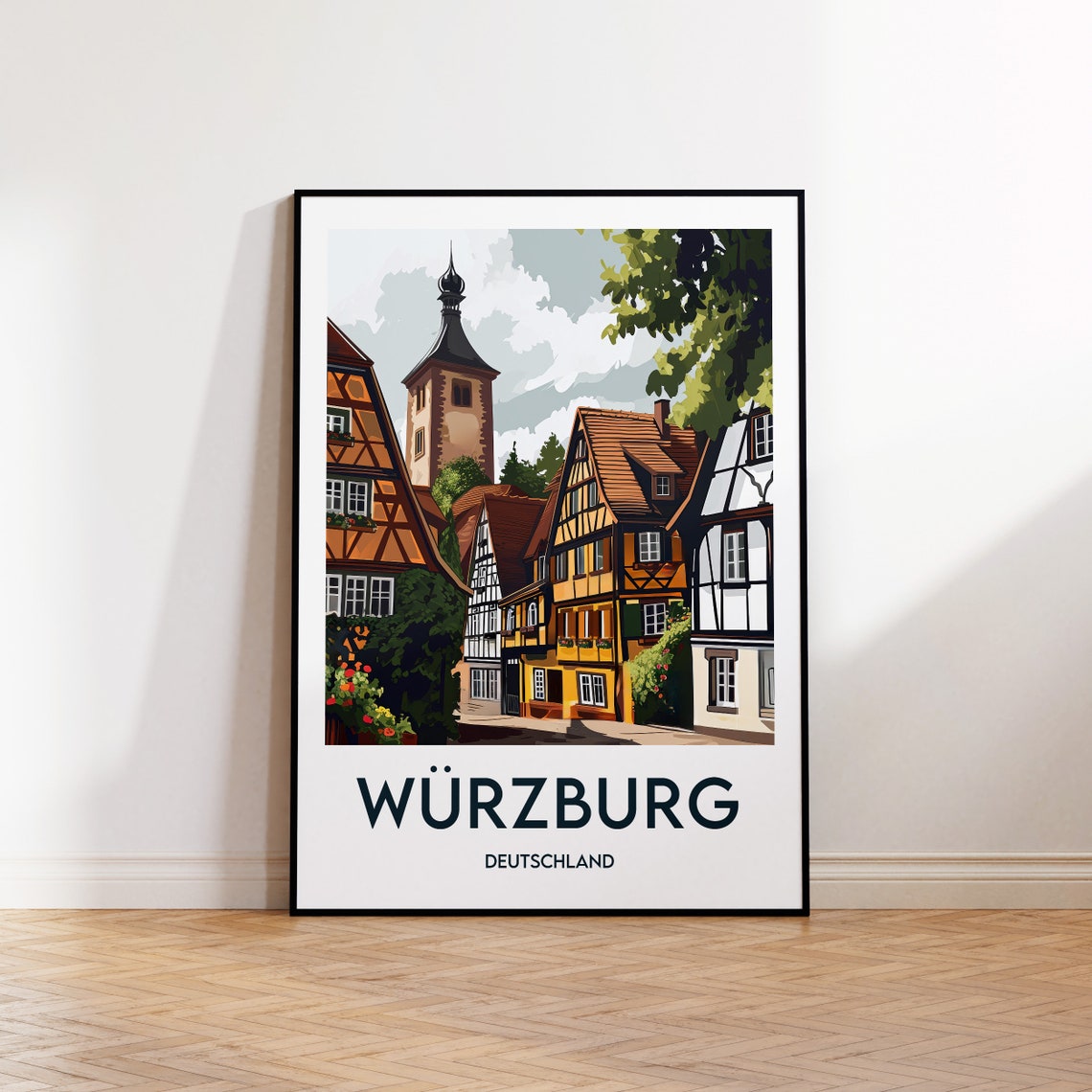 Wurzburg Germany Half Timbered Old Town Vintage Travel Poster