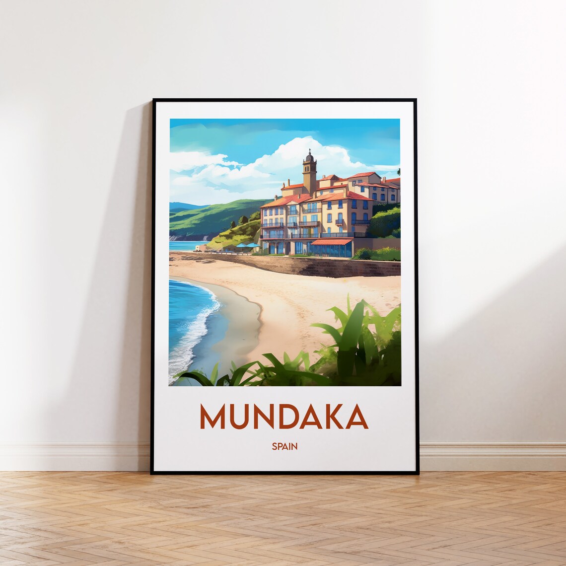 Mundaka Spain Coastal Town Beach Sunny Vintage Travel Poster