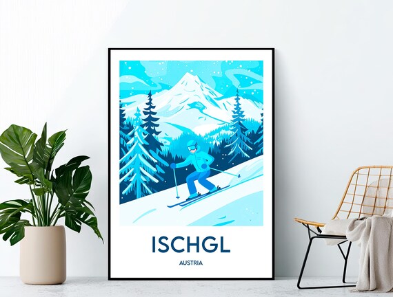 Ischgl Austria Vintage Ski Resort Poster with Skier in Blue Suit Carving