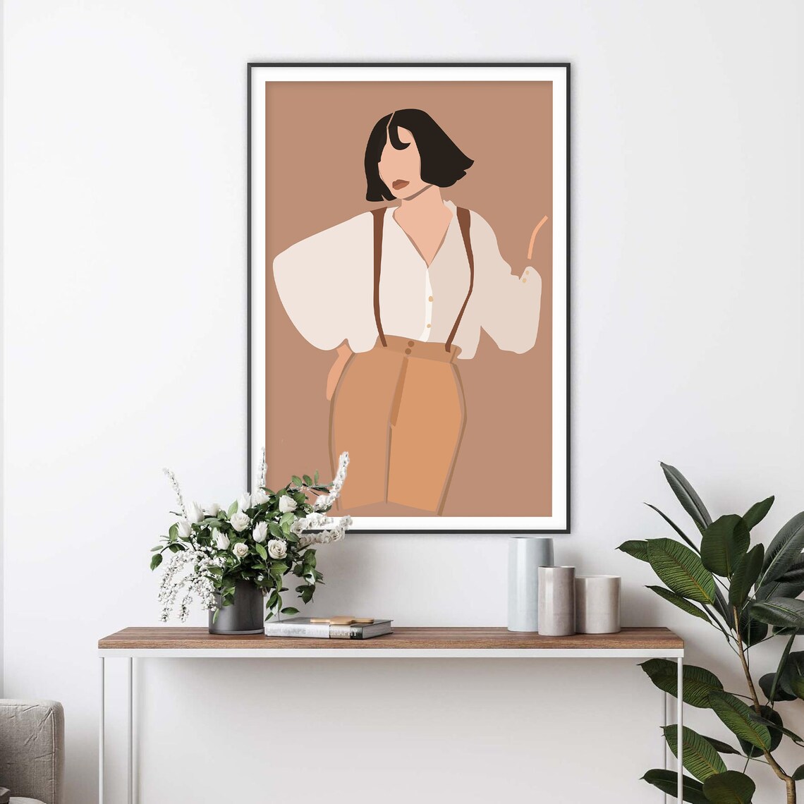 Bob Haircut Woman in Suspenders Blush Portrait Poster for Modern Home Decor - Image 2
