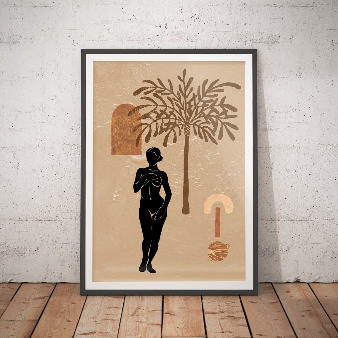 Black Silhouette Woman under Palm Tree Boho Poster for Modern Home Decor