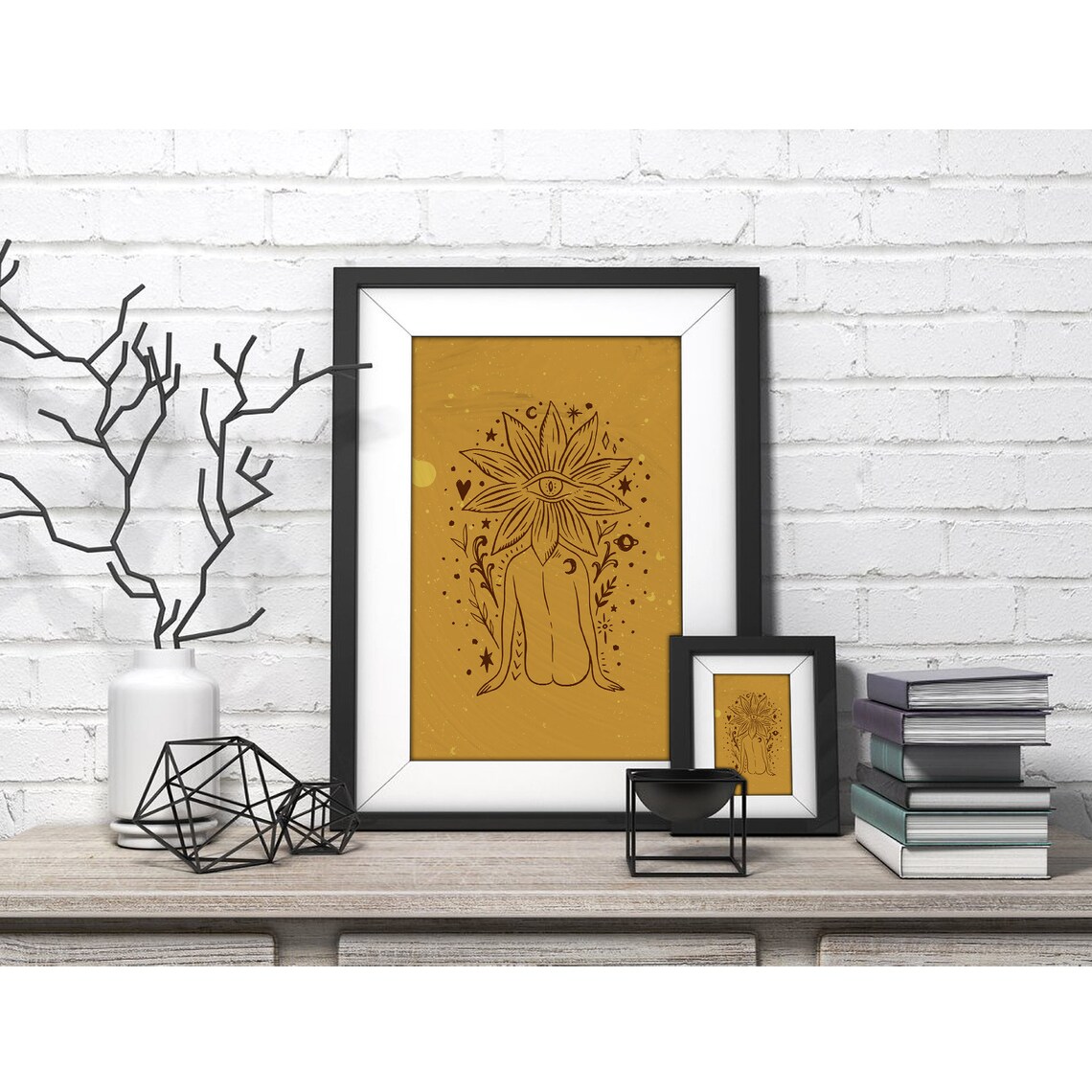 Surrealist Flower Eyed Woman Mustard Line Art Poster for Modern Home Decor - Image 4