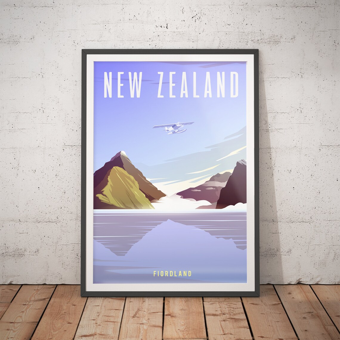 New Zealand Fiordland Mountain Lake Seaplane Vintage Travel Poster