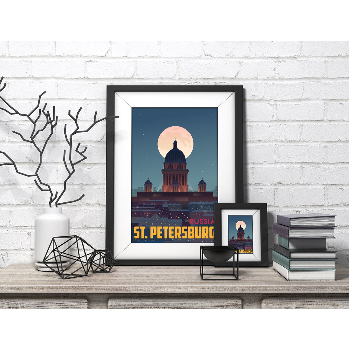 St. Petersburg Russia Full Moon Night Skyline Vintage Travel Poster - Image 4