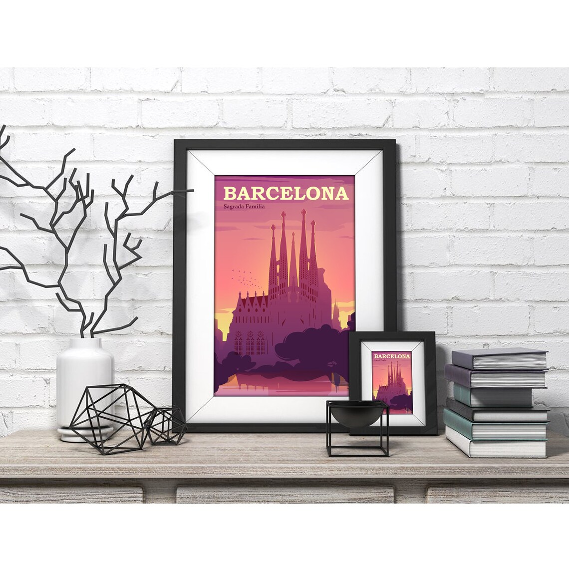 Barcelona Spain Sagrada Familia Pink Sunset Retro Travel Poster - Image 4