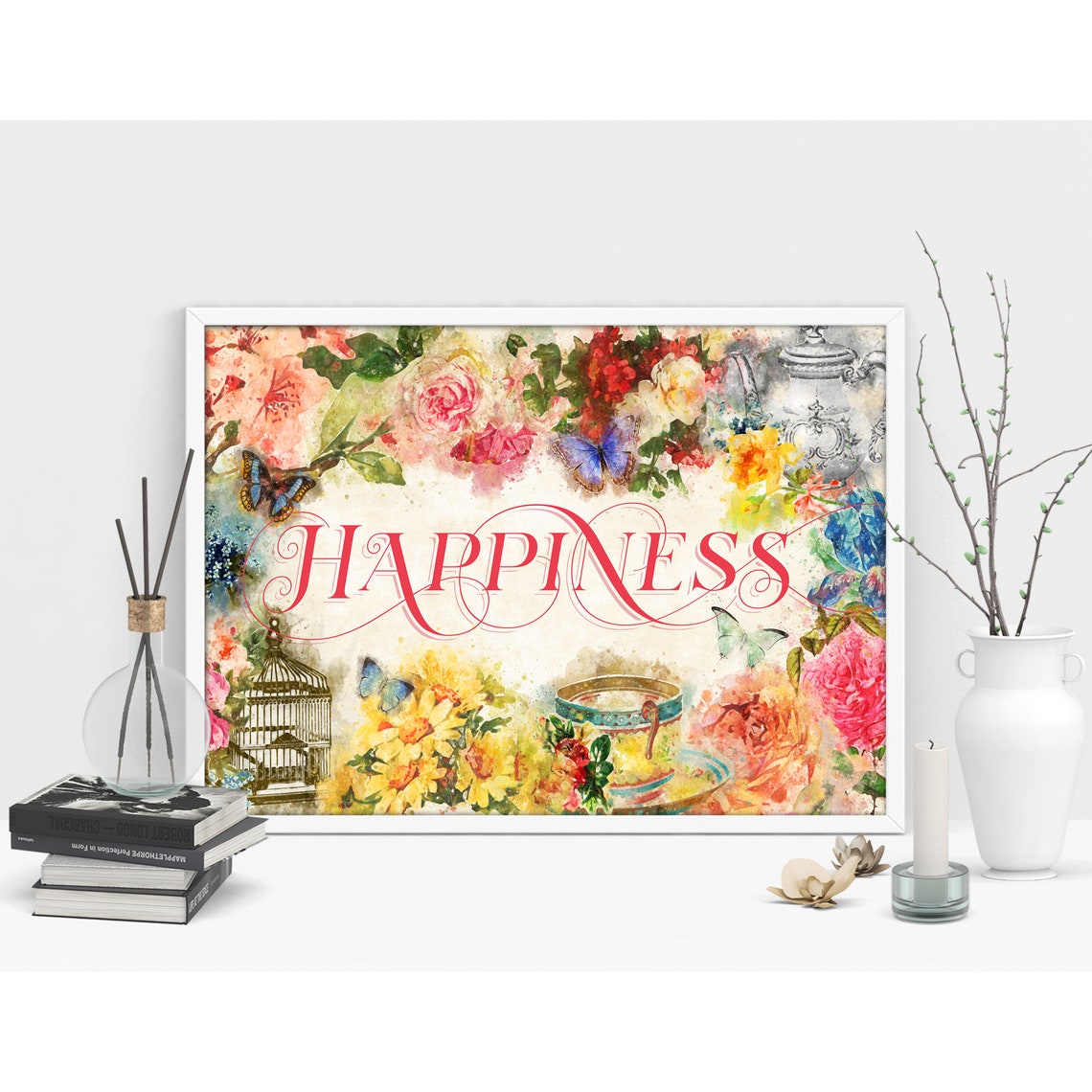Happiness Script Over Watercolor Florals Tea Cup Scene Poster - Image 2