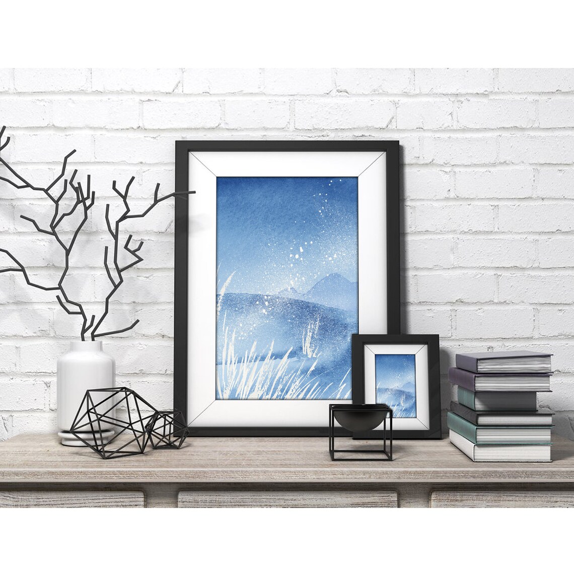 Blue Coastal Waves With White Wild Grass Spray Watercolor Art Poster - Image 4