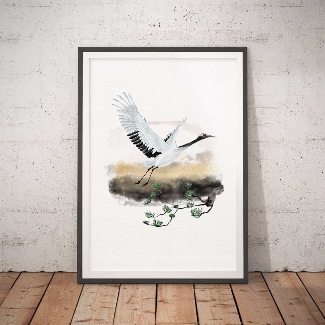 Red-Crowned Crane Flying over Pine Branch Japanese Ink Art Poster