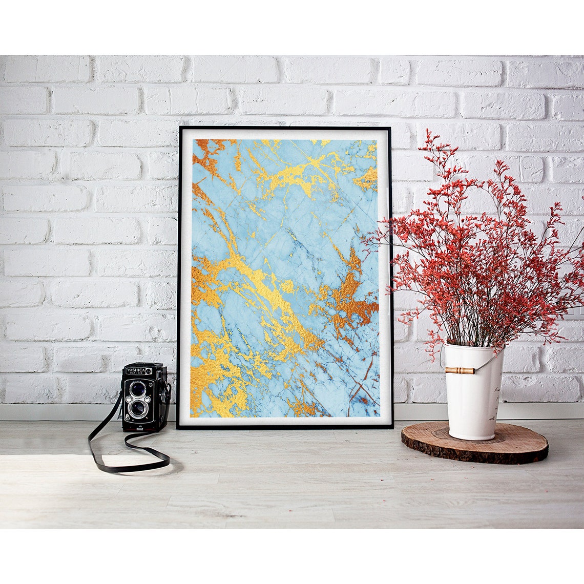 Sky Blue Gold Foil Veins Marble Abstract Contemporary Art Poster - Image 2