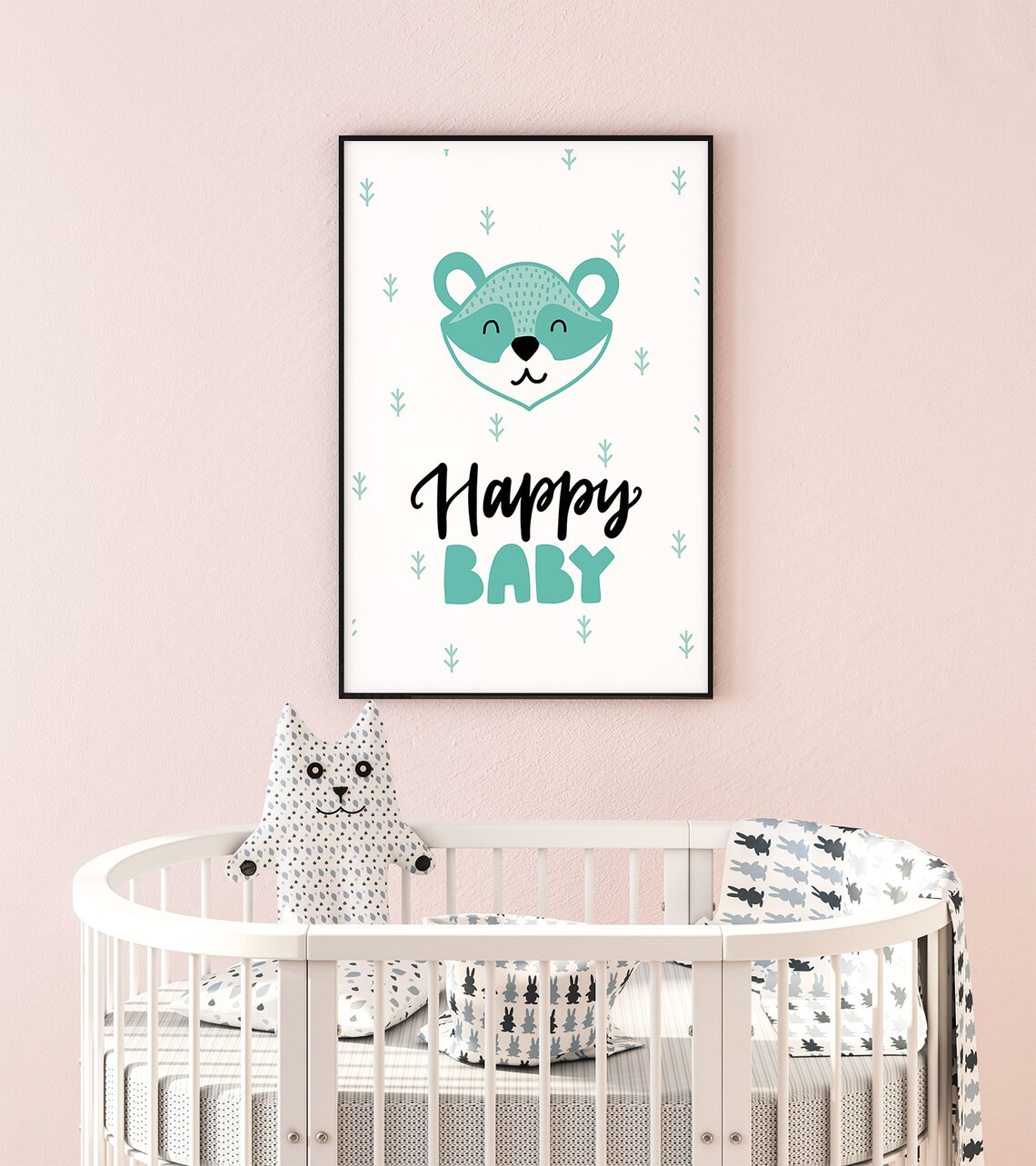 Happy Baby Smiling Raccoon Nursery Poster Mint Baby Shower Room Decor - Image 2