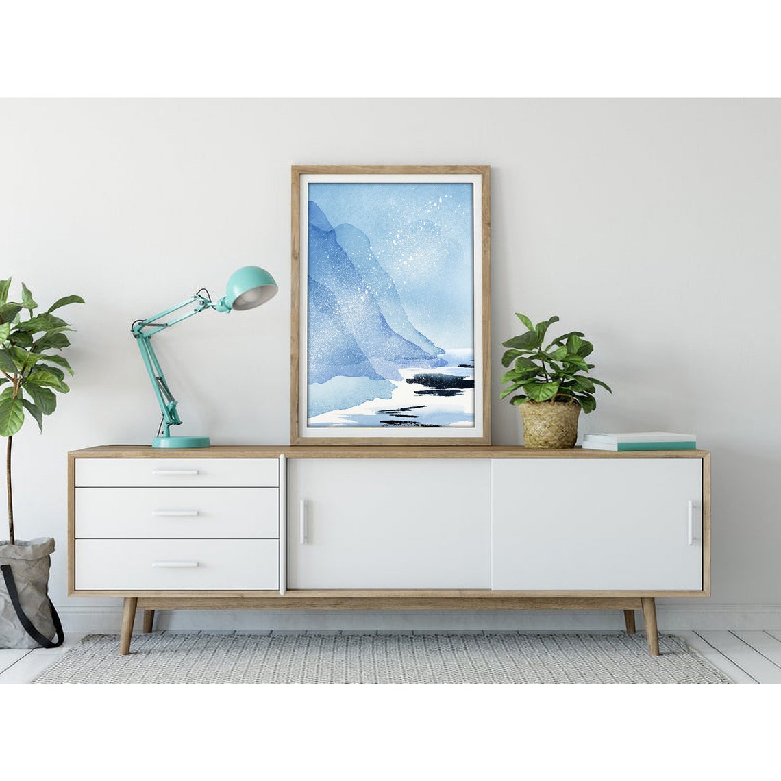 Blue Mountain Lake With Dark Ink Strokes Watercolor Art Poster - Image 3