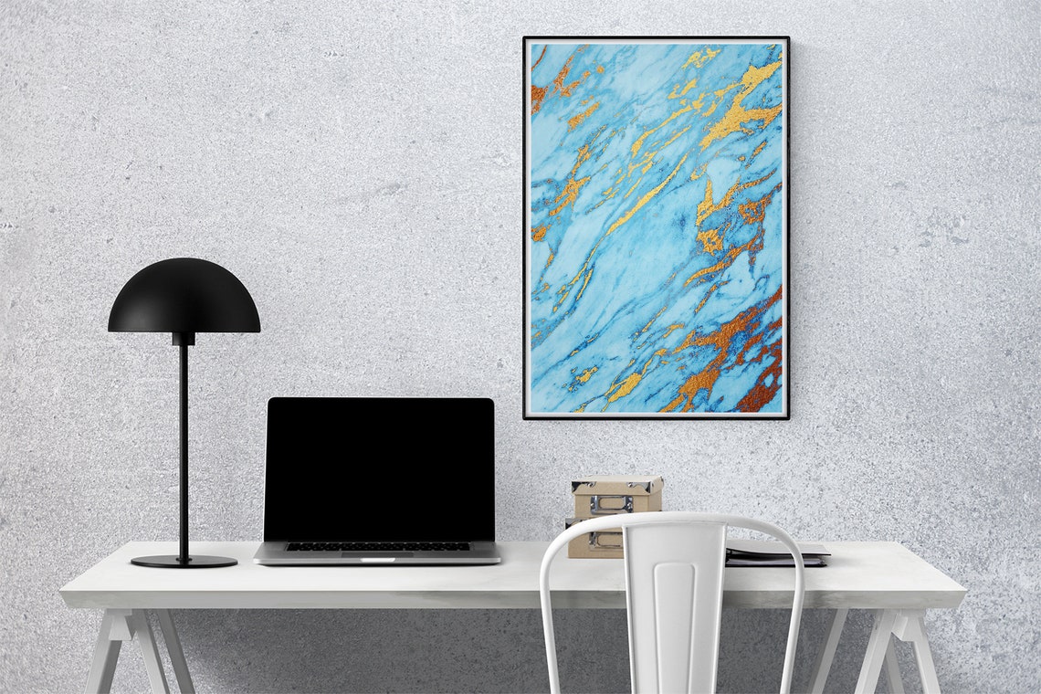 Sky Blue Marble Bold Gold Diagonal Veins Modern Abstract Poster - Image 3