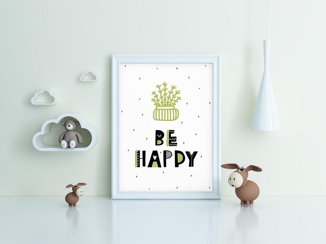 Be Happy Potted Plant Nursery Poster Minimalist Botanical Room Art - Image 3