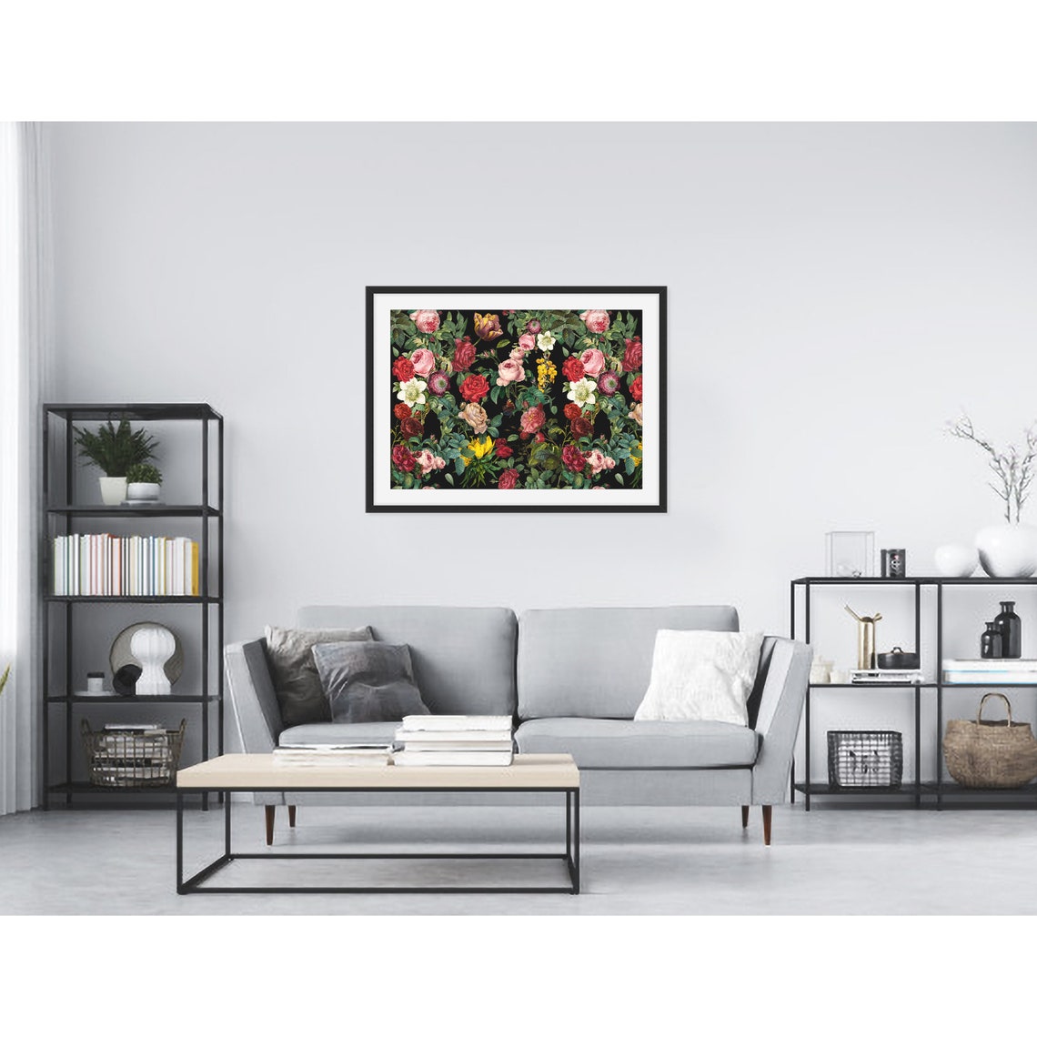 Vintage Mixed Rose and Tulip Bouquet on Black Floral Art Poster - Image 3