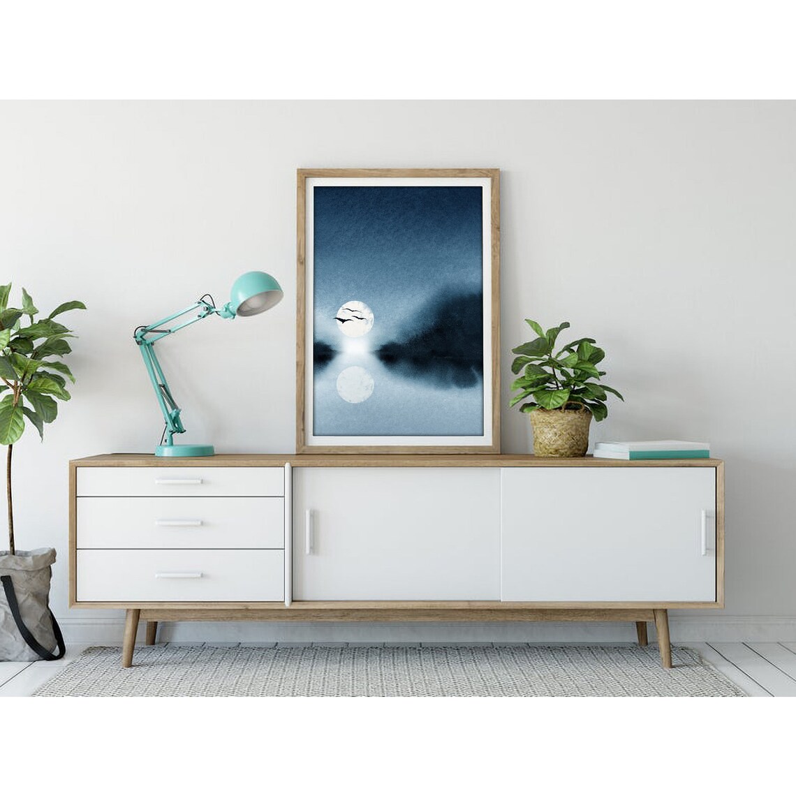Full Moon Reflection Over Water With Flying Birds Blue Watercolor Poster - Image 3