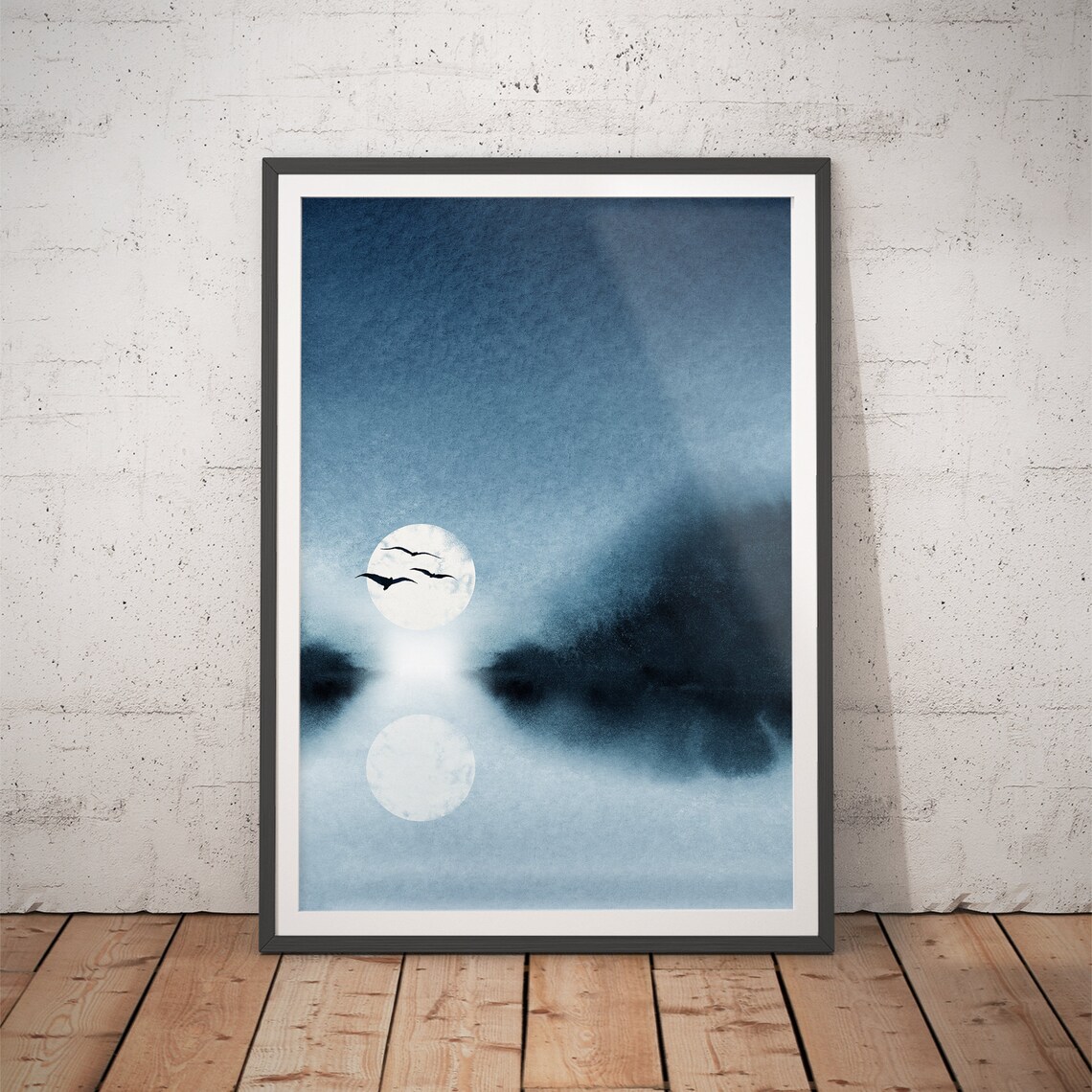 Full Moon Reflection Over Water With Flying Birds Blue Watercolor Poster