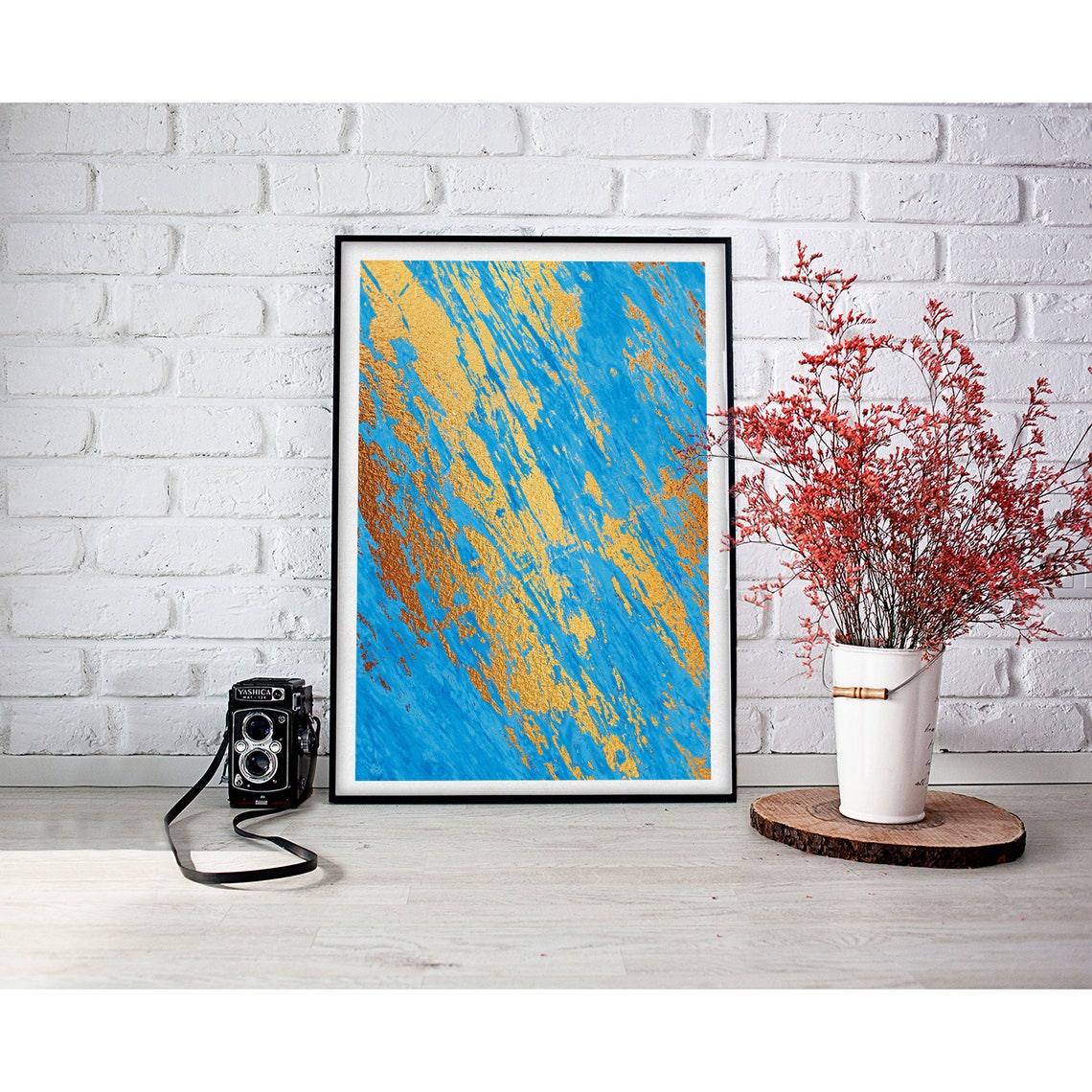 Bright Turquoise Blue Gold Brushstroke Bold Abstract Art Poster - Image 2