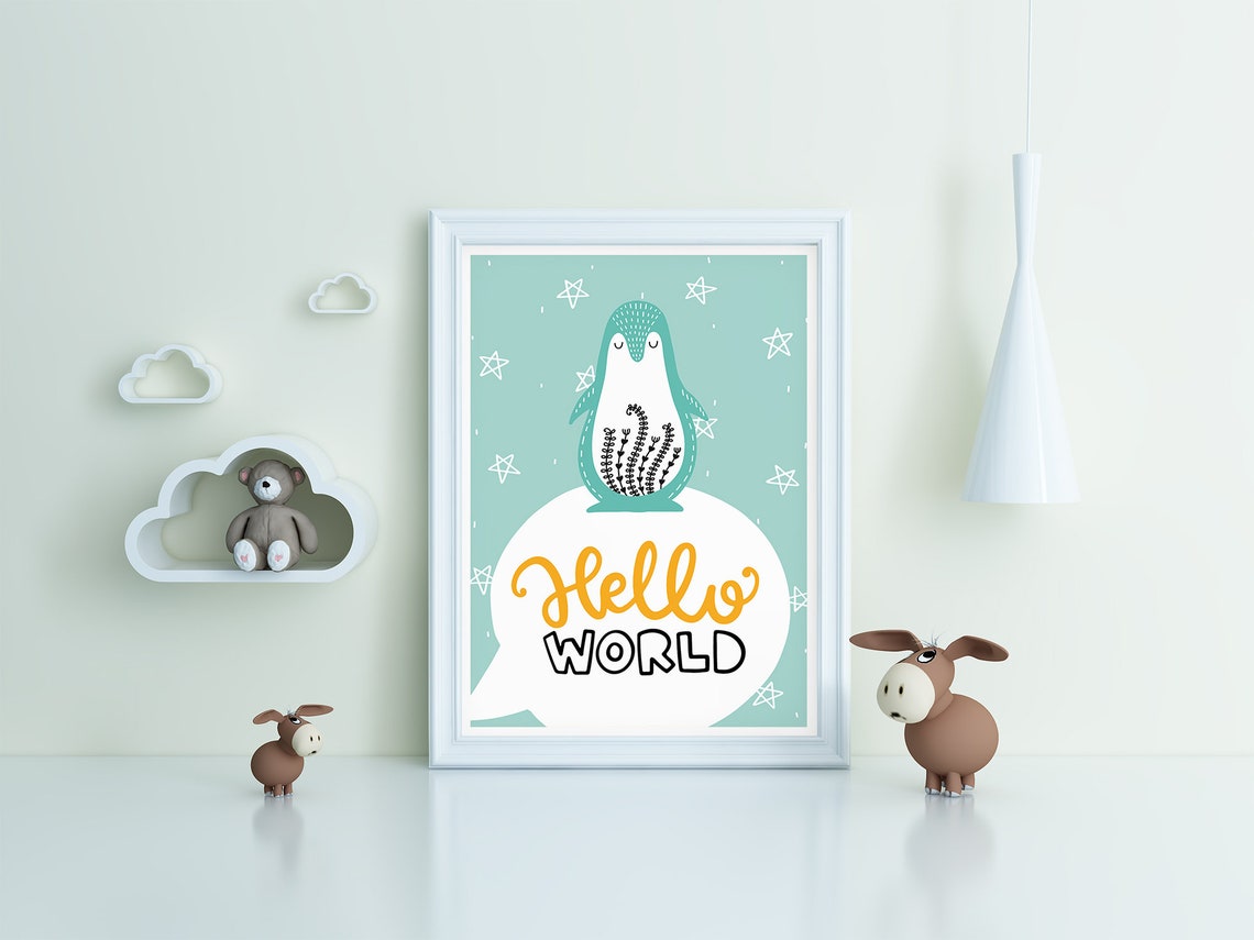 Hello World Penguin Nursery Poster Mint Stars Baby Room Wall Decor - Image 3