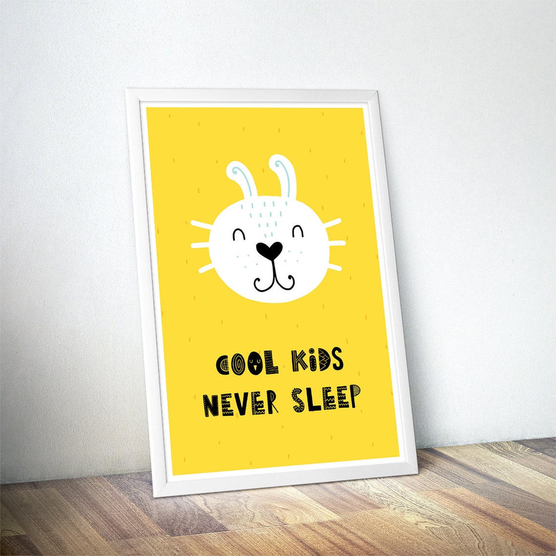 Cool Kids Never Sleep Bunny Poster Yellow Kids Bedroom Playroom Decor - Image 4