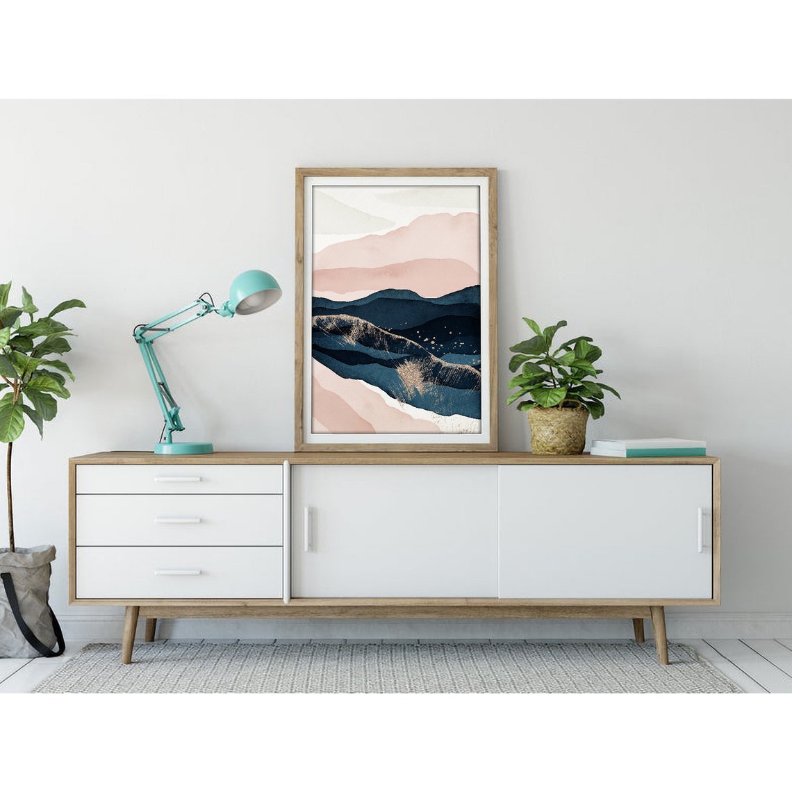 Blush and Navy Mountains With Gold Wave Modern Watercolor Art Poster - Image 3