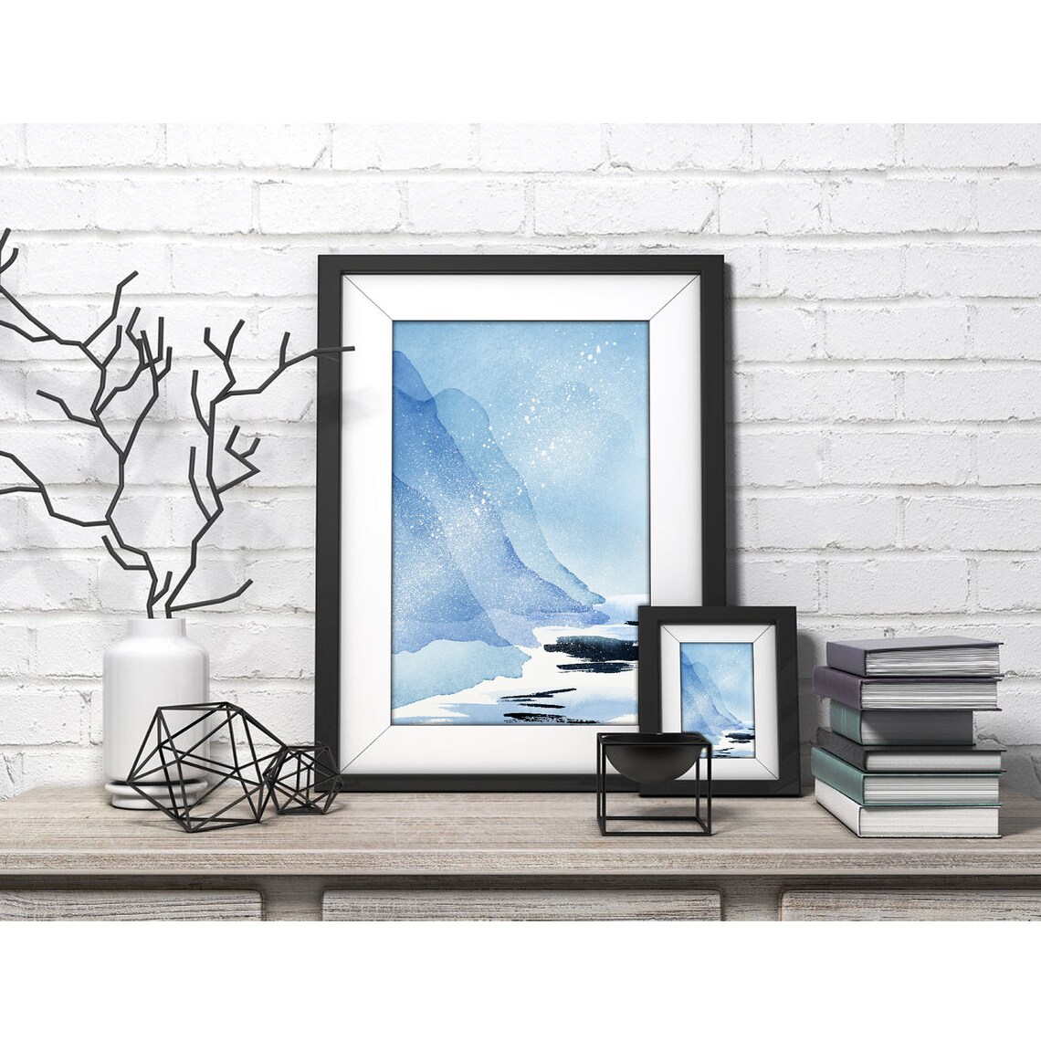 Blue Mountain Lake With Dark Ink Strokes Watercolor Art Poster - Image 4