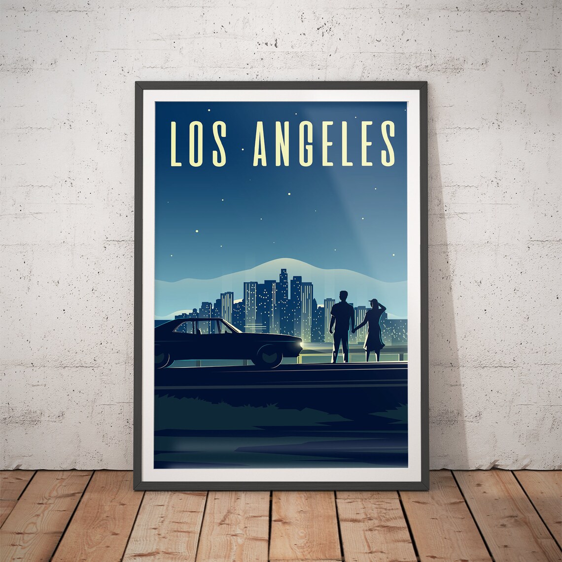 Los Angeles Night Skyline Couple Classic Car Vintage Travel Poster