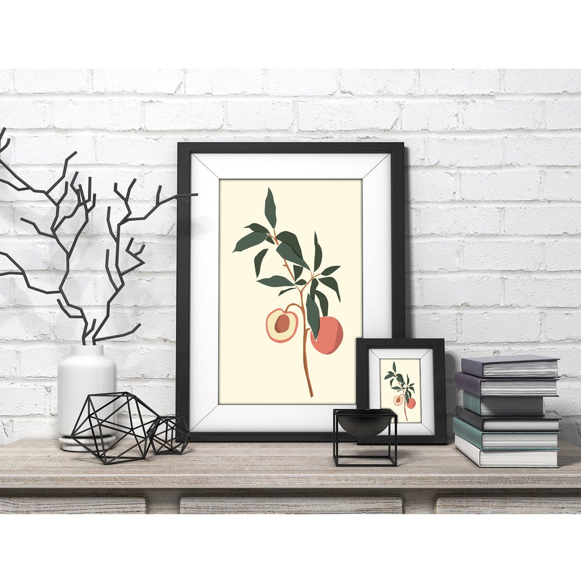 Peach Tree Branch with Green Leaves Botanical Illustration Poster - Image 4