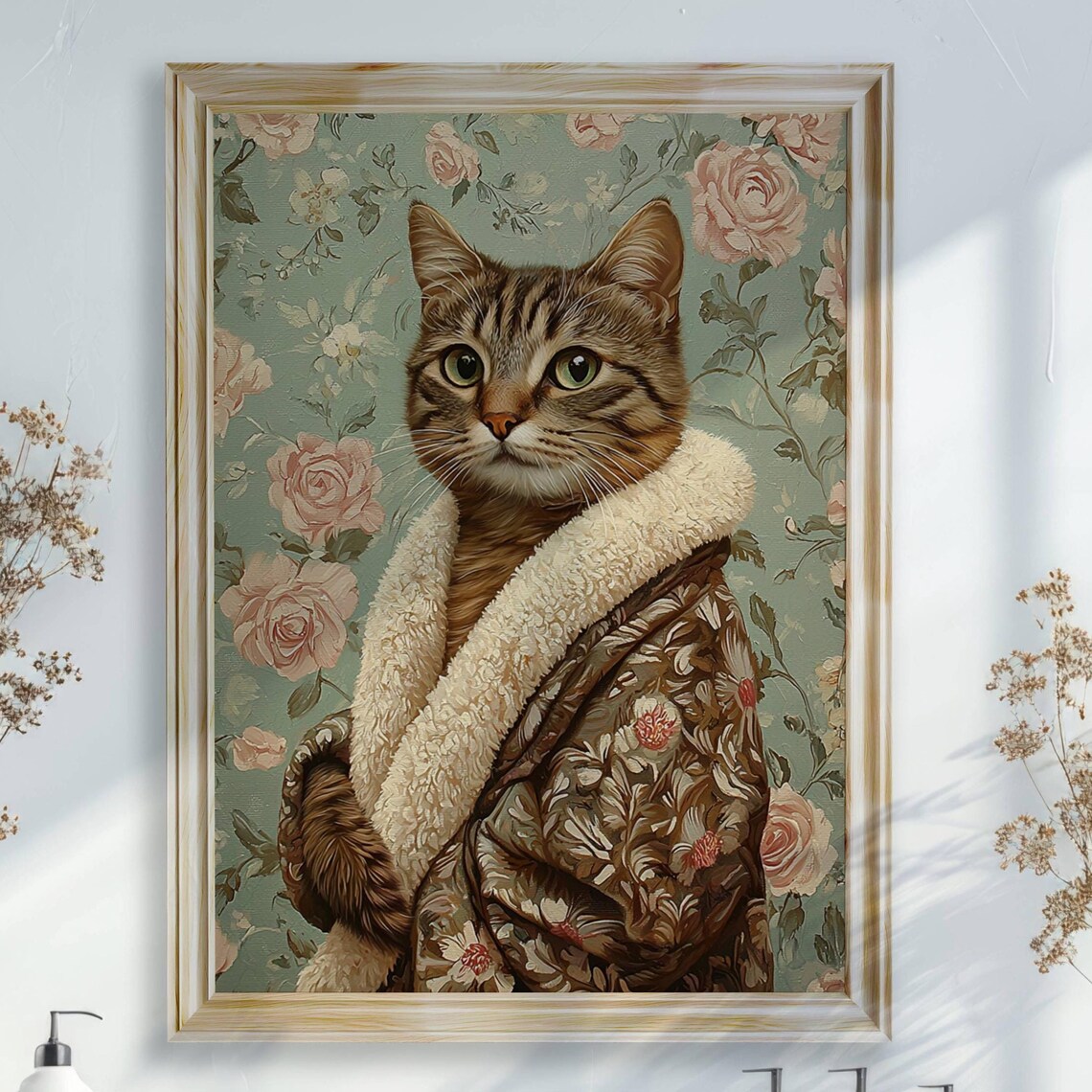 Brown Tabby Cat in Bathrobe Poster, Bathroom Decor