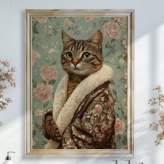 Brown Tabby Cat in Bathrobe Poster, Bathroom Decor