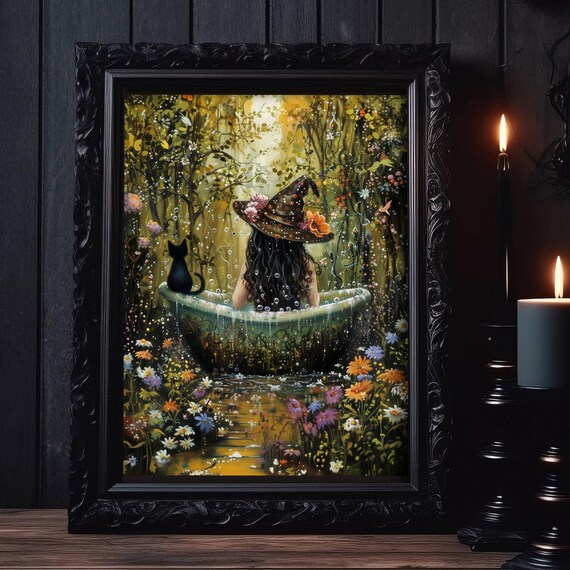 Witch Bathing Outdoors in a Flower Garden With Her Black Cat Poster