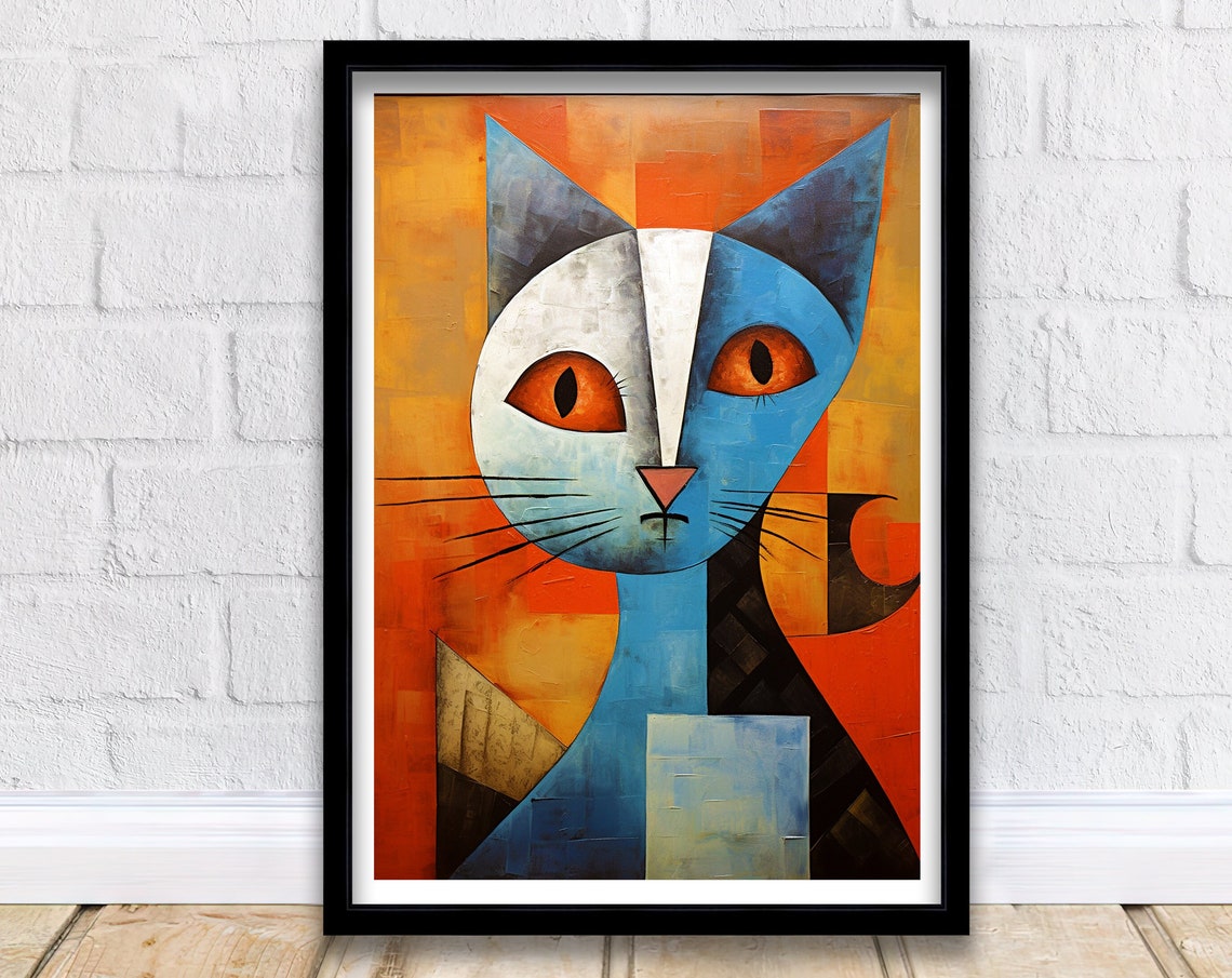 Picasso Style Cubist Blue Cat Geometric Abstract Modern Art Print