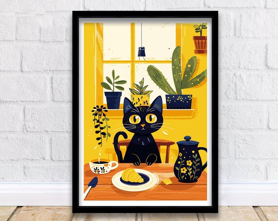Black Cat at Breakfast Table With Croissant Coffee Cozy Art Poster