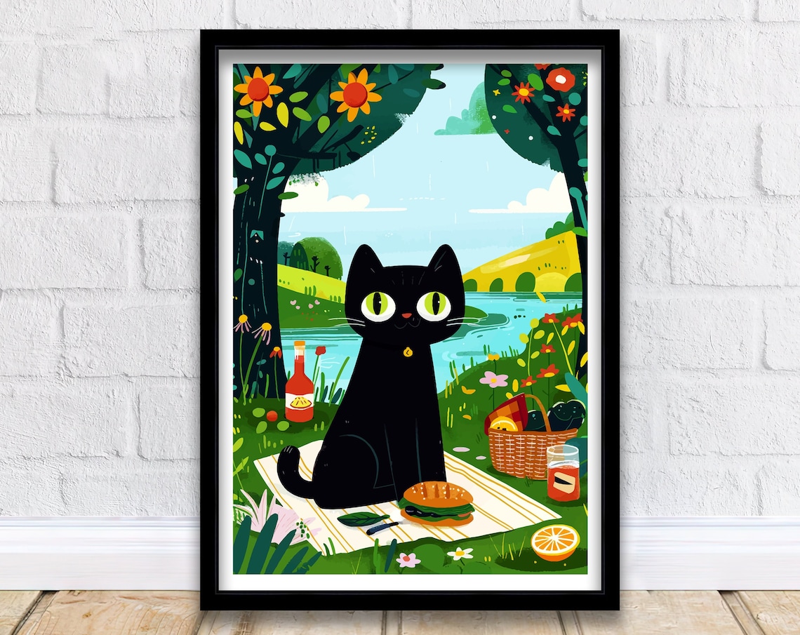 Happy Black Cat Picnic by Sunny River Garden Illustration Poster