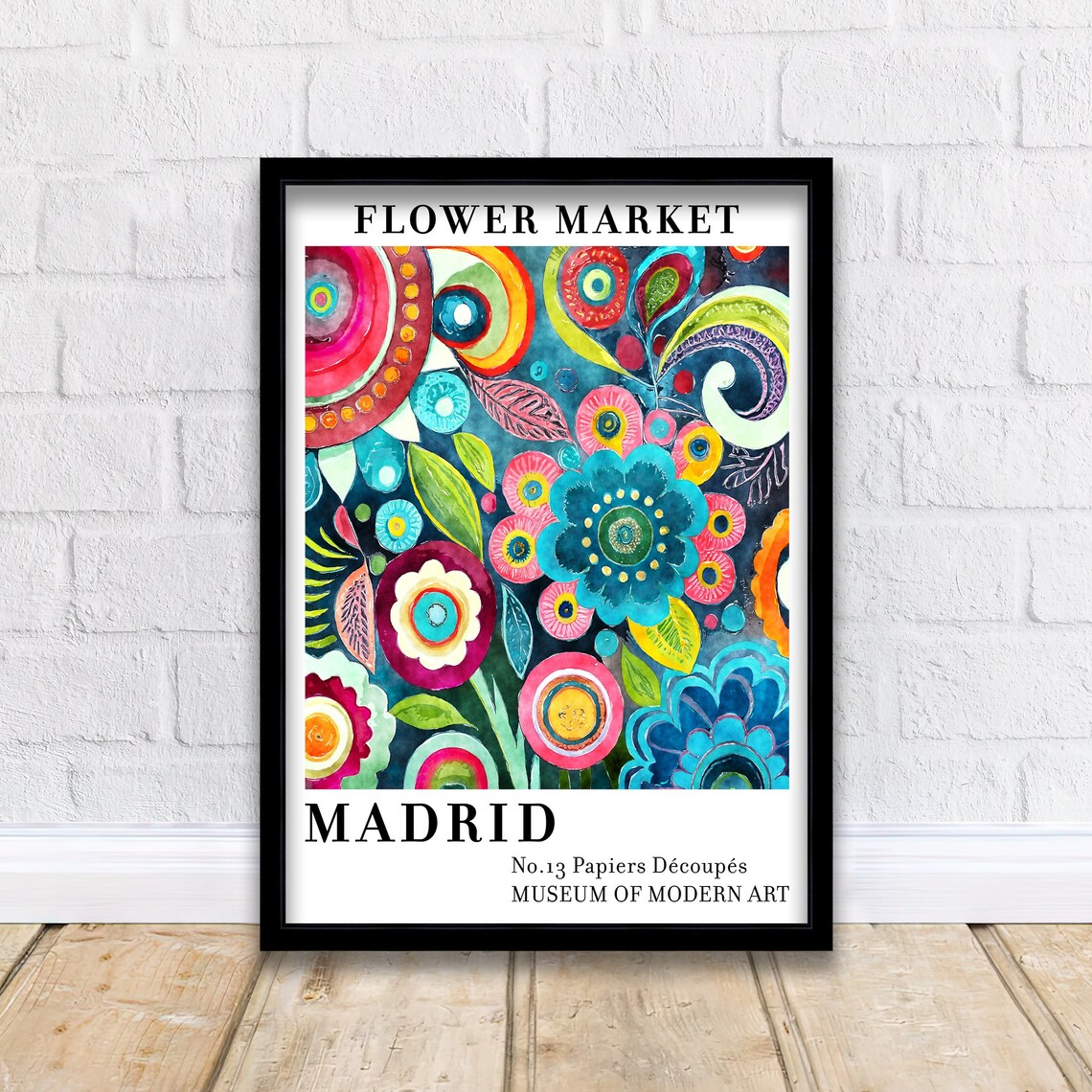 Bold Madrid Flower Market No13 Vibrant Folk Floral Art Poster