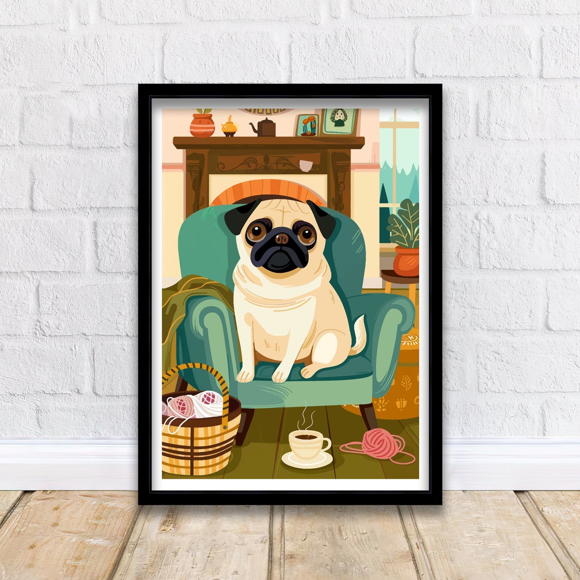 Cozy Pug In Green Armchair By Fireplace Retro Kitchen Art Poster