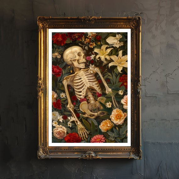 Botanical Skeleton Print Dark Academia Art Gothic Decor Antique Anatomy Illustration Victorian Era Floral Poster Rustic Vintage