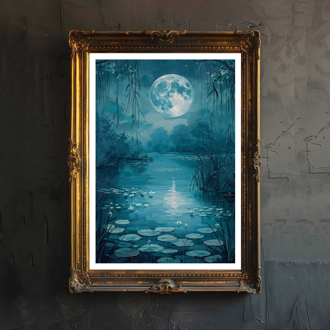 Moonlight Lake Print Dark Academia Art Celestial Decor Antique Landscape Illustration Enchanted Night Scene Rustic Vintage Wall